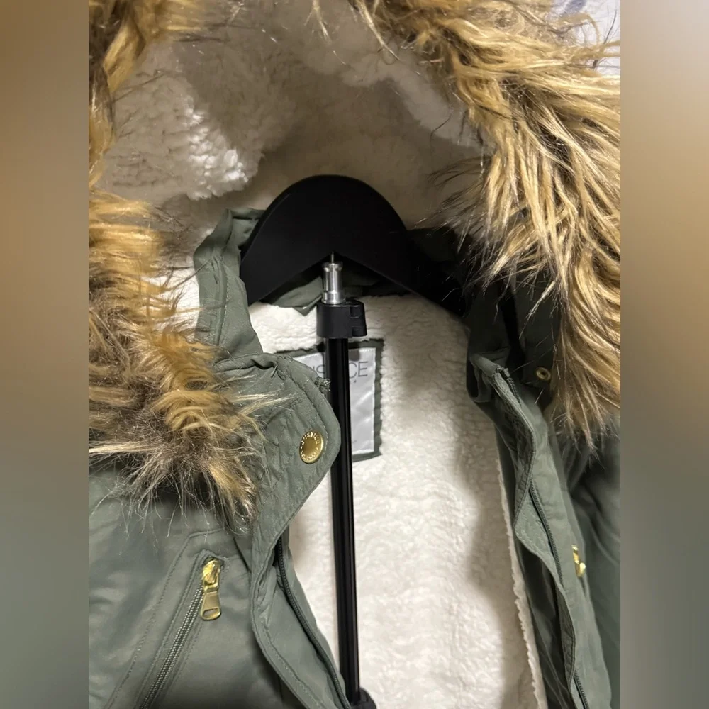 Justice Kids Olive Puffer Jacket with Faux Fur Trim